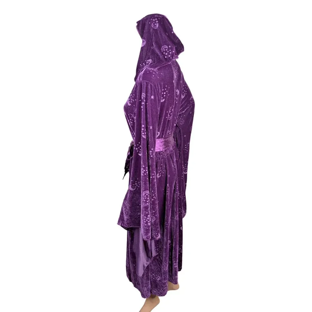 Spirit Purple Crushed Velvet Celestial Hooded Dress Cloak Moon Star Bell Sleeve - Picture 8 of 10